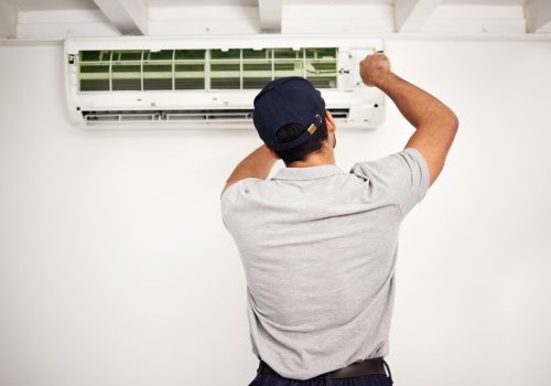 Maintenance, air conditioning technician and man from back working on ventilation filter for ac rep